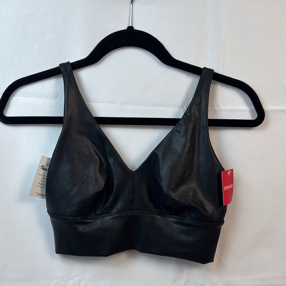 Black Faux Leather Longline v-neck Bralette